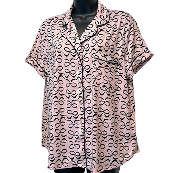 Kate Spade Pink Black Bow Print Short Sleeve & Pants Pajama Set Womens Large - Picture 2 of 13